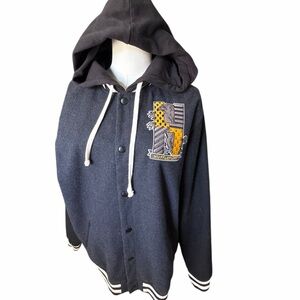 Harry Potter Hufflepuff Crest Snap Button Letterman Jacket W/Hoodie Sz Med